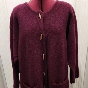 Russ Burgundy Womens Cardigan with Wooden Buttons Size 2x 100% Wool Grandmacore